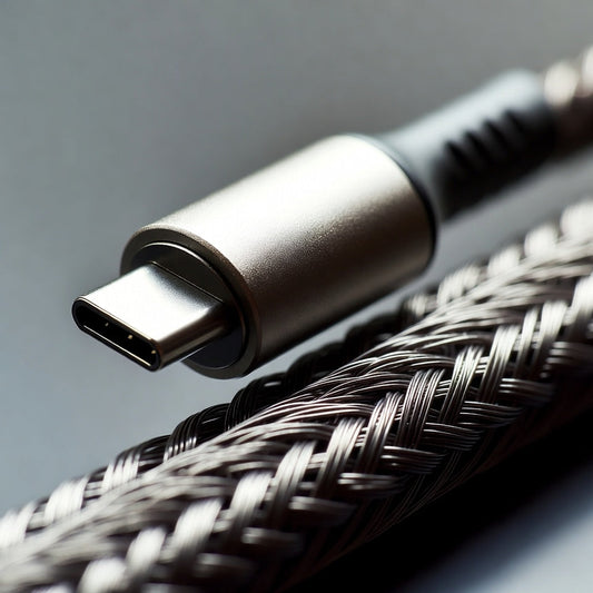 USB-C Ladekabel mit geflochtener Nylon-Ummantelung, robuster Stecker im Macro-Detail