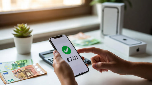 Smartphone verkaufen Höchstpreis 2026 - Hand hält iPhone mit 720 Euro Ankaufspreis Bewertung, Euro Geldscheine auf Schreibtisch, Valmento Trade-in