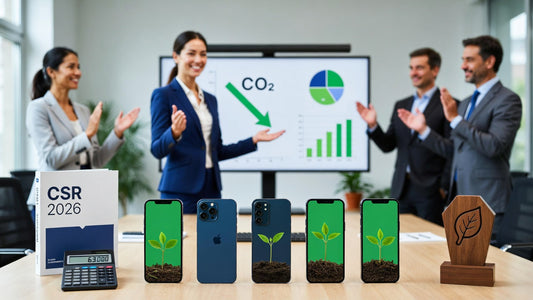 B2B CSR Refurbished Smartphones Unternehmen - Geschäftsfrau präsentiert CO2-Einsparung 91% und Kostenreduktion Firmen-Smartphones nachhaltige IT-Beschaffung Valmento Business