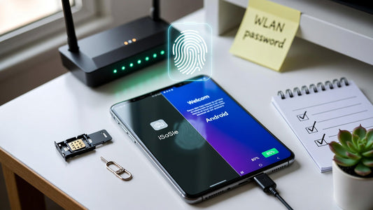 Smartphone einrichten Setup Essentials - Neues Handy mit SIM-Karte, Ladekabel, WLAN-Router und Checkliste für iPhone und Android Ersteinrichtung