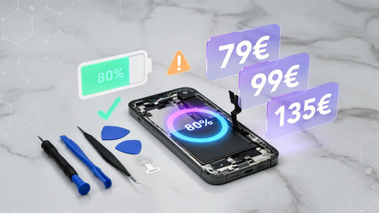 iPhone Akkutausch 2026 Hero-Bild: iPhone mit sichtbarer Batterie-Komponente (80% Gesundheit), professionelles Reparatur-Werkzeug und Preisschilder 79-135€ auf weißem Marmor-Hintergrund