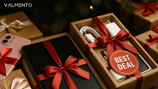 Mehrere günstige Tablets und Zubehör als Weihnachtsgeschenke unter dem Baum, dekoriert mit Schleifen und einem dezenten Best Deal Sticker, symbolisieren Valmentos Restposten Angebote zu Weihnachten.