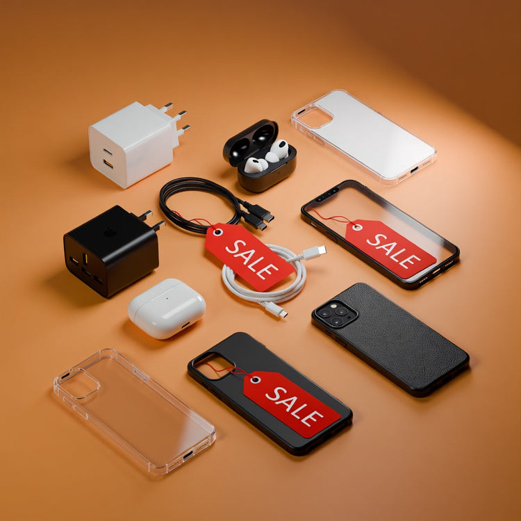 Smartphone-Zubehör im Sale: Ladegeräte, Kabel, Handyhüllen und kabellose In-Ear-Kopfhörer mit roten SALE-Schildern auf orangefarbenem Hintergrund.
