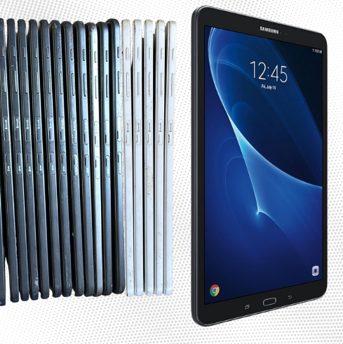 Promotional image of 22 Samsung Tab A6 tablets with pricing and contact information.