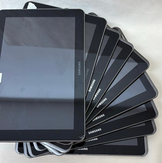 Stack of Samsung tablets on a white background