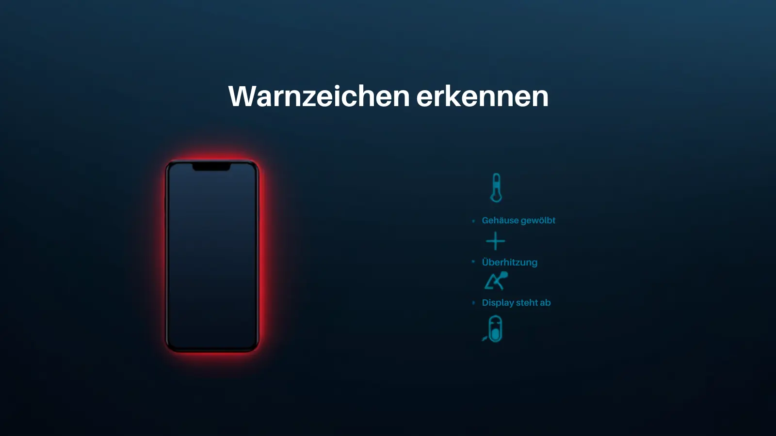 Warnzeichen eines aufgeblähten Akkus: gewölbtes Gehäuse, Überhitzung und ein abstehendes Display