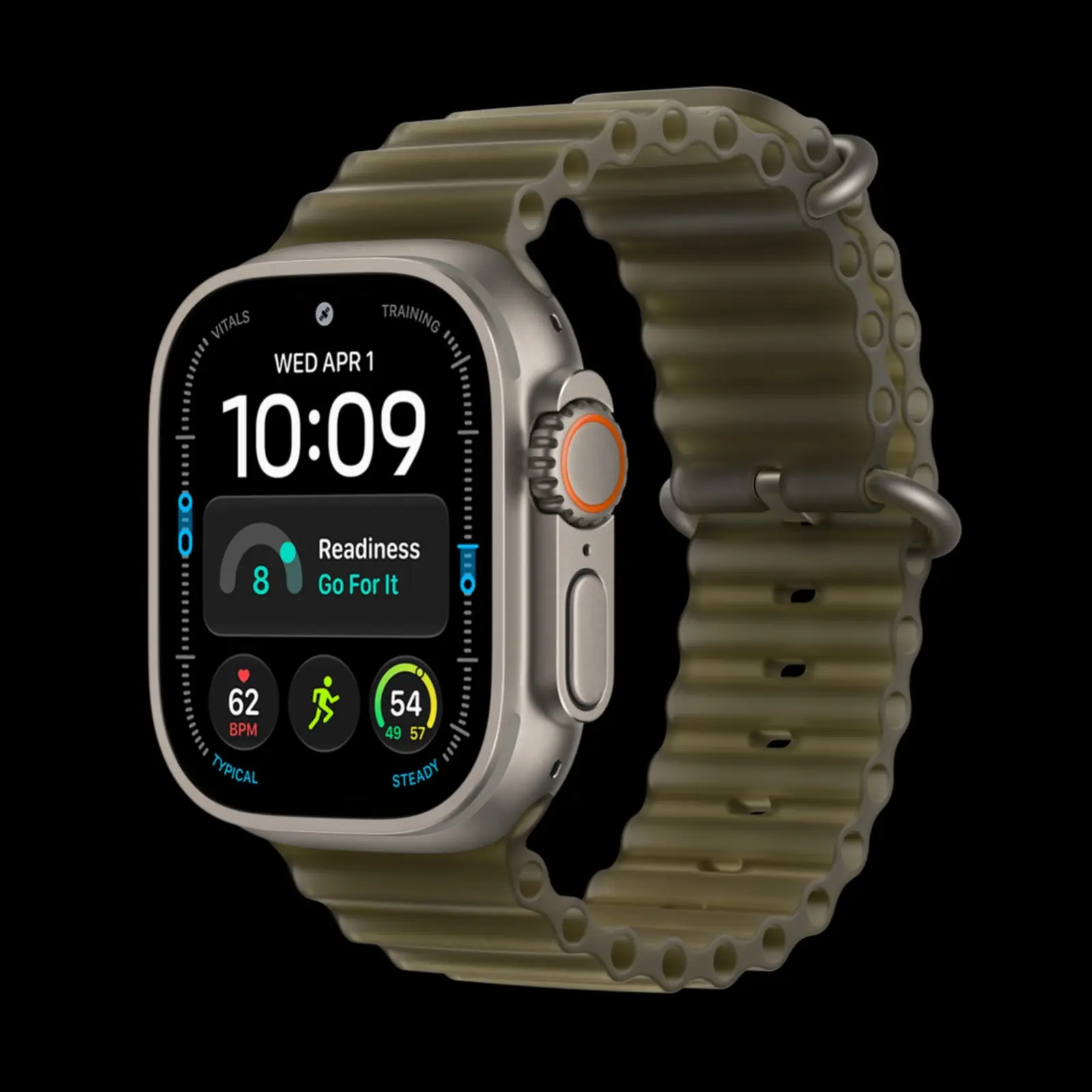 Apple Watch Ultra 4 mit Titangehäuse und Ocean Band, auf dem Display der neue Tagesform-Wert