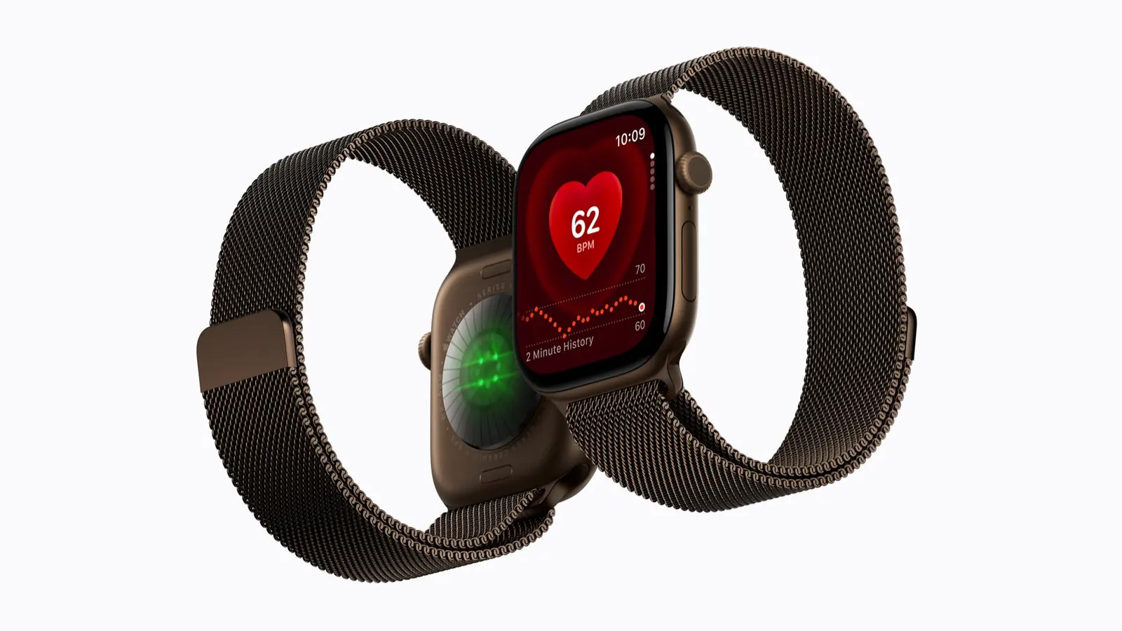 Apple Watch Series 12 mit geöffneter Herzfrequenz-App und sichtbaren optischen Sensoren