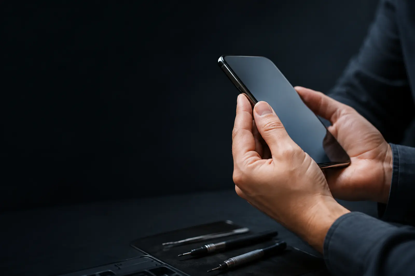 Hände prüfen ein refurbished Smartphone mit Reparaturwerkzeug