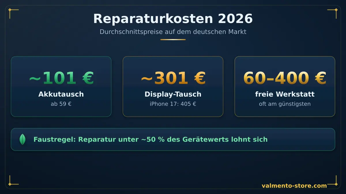 Handy-Reparaturkosten 2026 im Überblick — Akkutausch ab 59 Euro, Display-Reparatur durchschnittlich 301 Euro, beim iPhone 17 bis 405 Euro