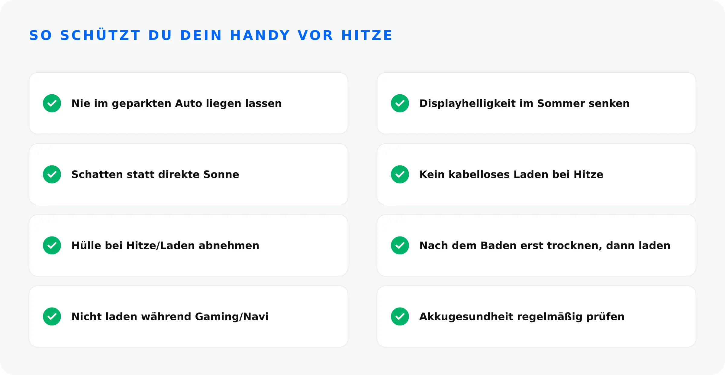 Checkliste Hitzeschutz fürs Handy: nicht im Auto lassen, Schatten, Hülle abnehmen, nicht beim Laden nutzen und mehr