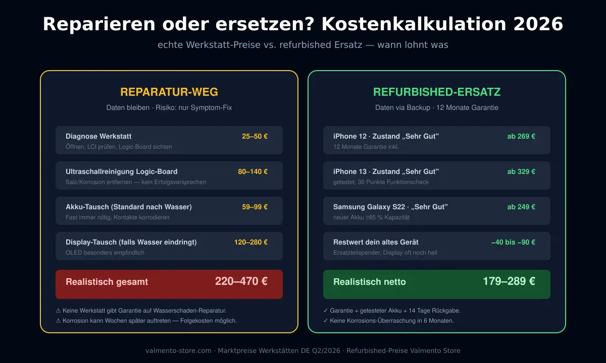 Kostenvergleich Reparatur Wasserschaden versus refurbished Smartphone Ersatz