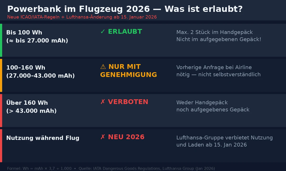 Powerbank Flugzeug Regeln 2026: Was ist im Handgepäck erlaubt? ICAO, IATA und neue Lufthansa-Regeln erklärt