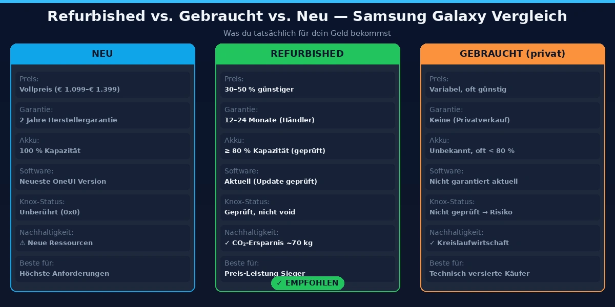 Vergleich: Refurbished Samsung, gebraucht gekauftes Samsung und neues Samsung Galaxy — Preis, Garantie, Akku, Knox-Status und Nachhaltigkeit im Überblick
