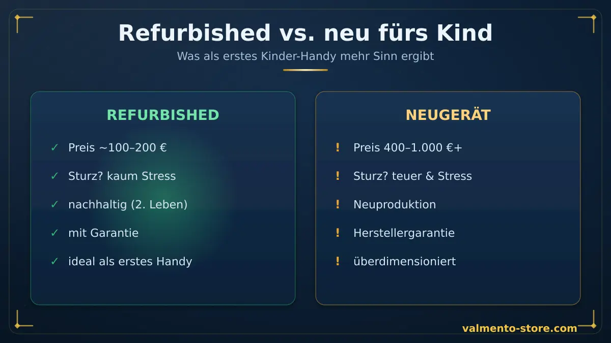 Refurbished vs. neu als erstes Kinder-Handy — Vergleich von Preis, Stress bei Schäden, Nachhaltigkeit und Eignung
