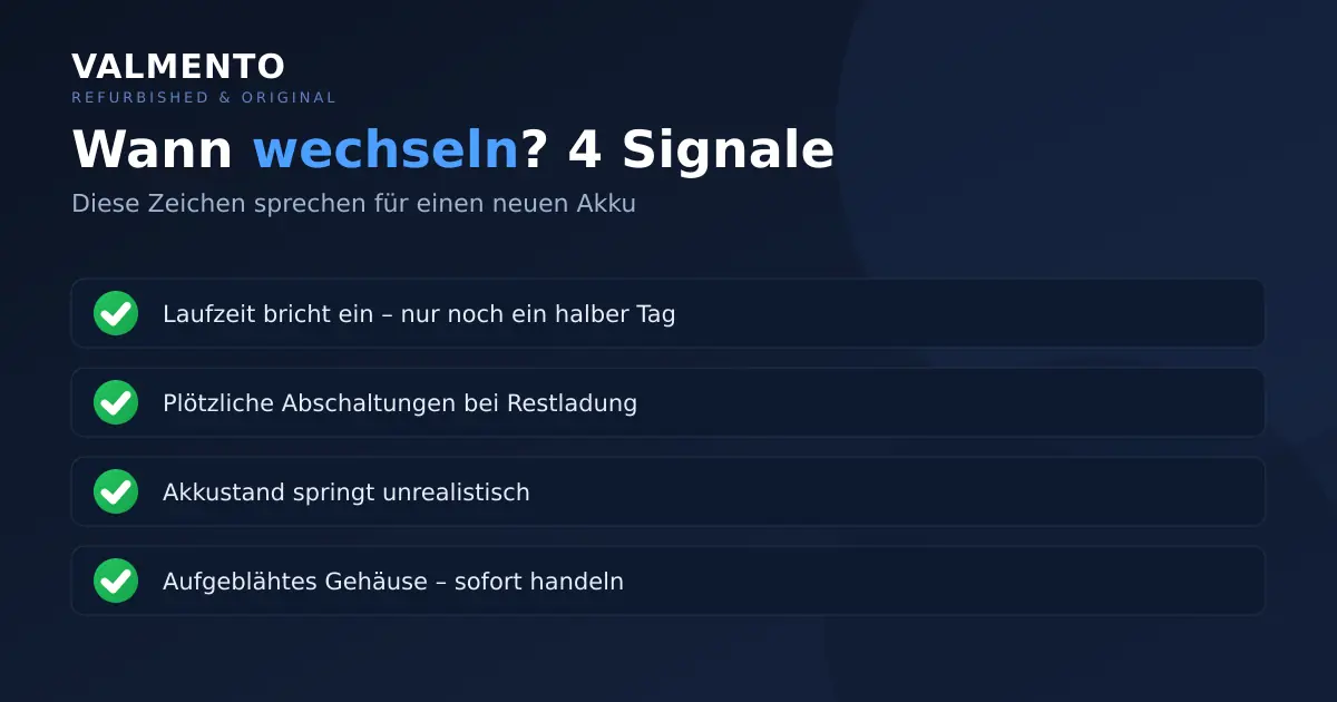 Vier Signale für einen Akkuwechsel: einbrechende Laufzeit, plötzliche Abschaltungen, unrealistisch springender Akkustand und aufgeblähtes Gehäuse