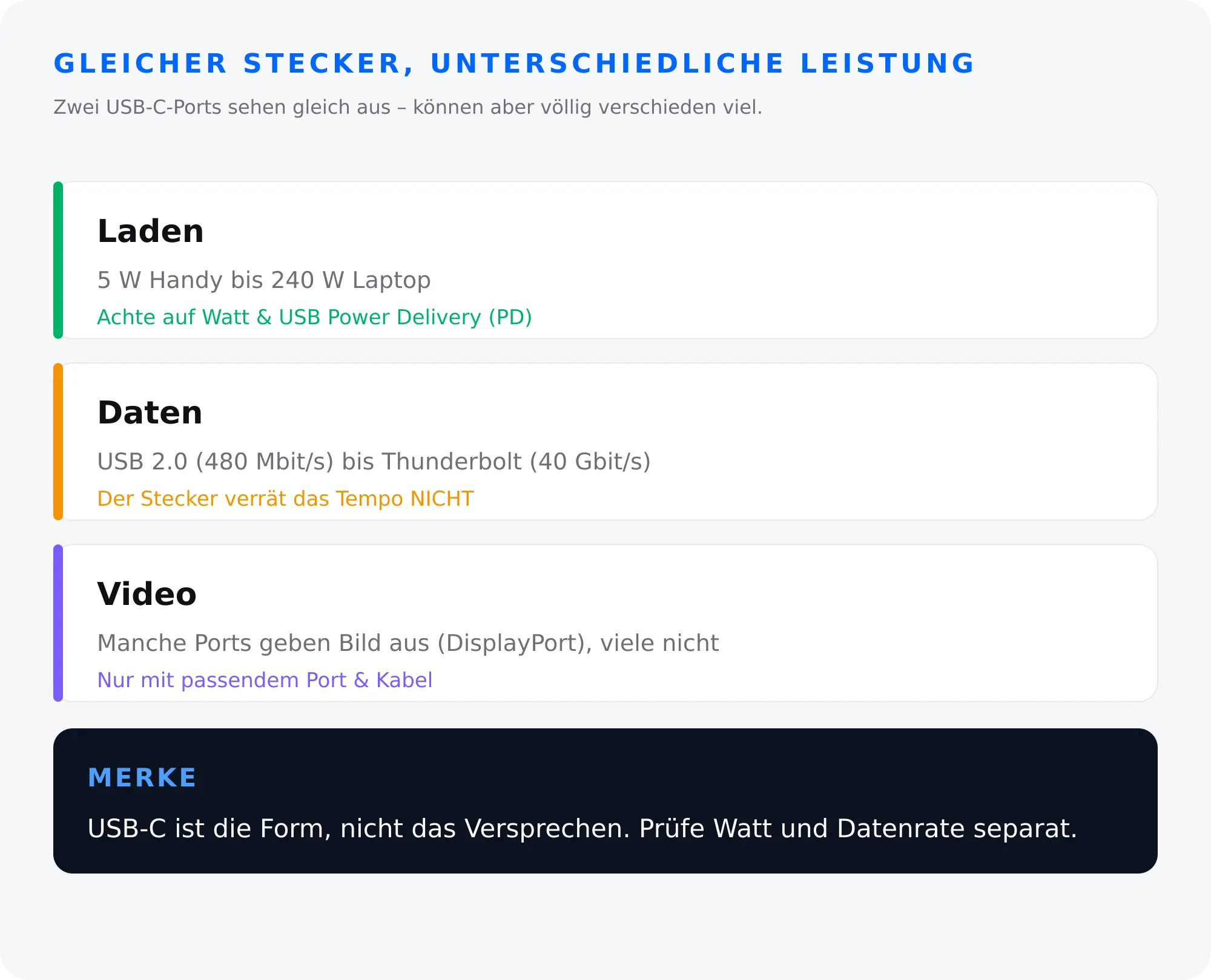 Gleicher USB-C-Stecker unterschiedliche Leistung – Laden, Datenrate und Video im Vergleich