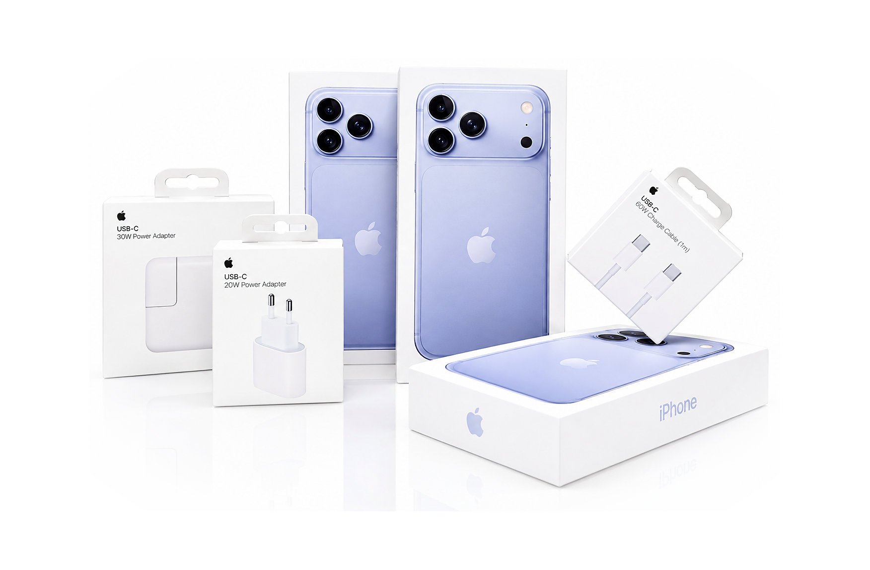 Produktarrangement mit original Apple USB-C-Netzteilen, 60-W-Ladekabel und iPhone-Verpackungen