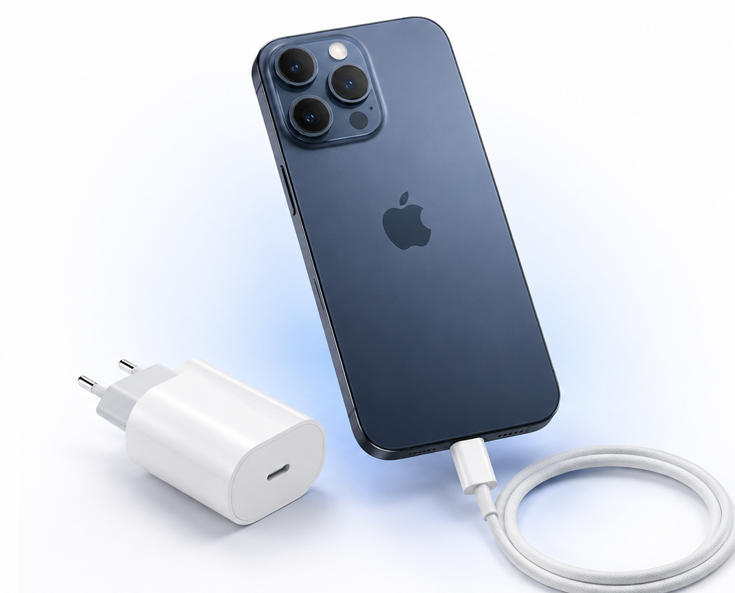 Blaues iPhone mit original USB-C-Netzteil und geflochtenem Ladekabel