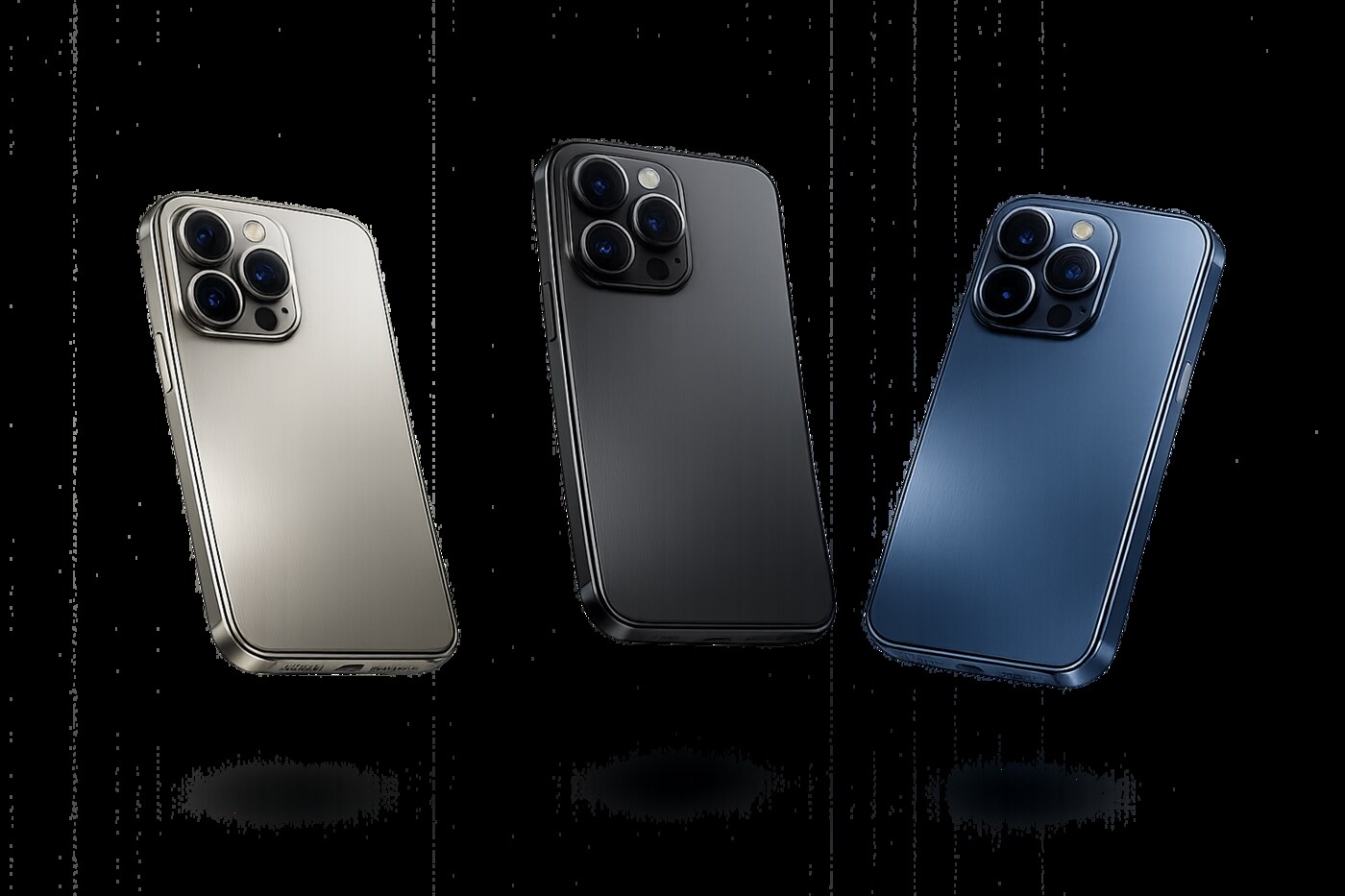 Drei refurbished iPhone Pro in Titan, Graphit und Blau – generalüberholte Apple-Smartphones von Valmento