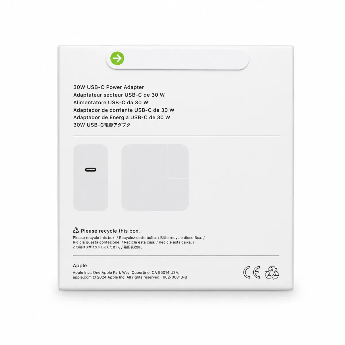 Apple 30W USB-C Power Adapter – Rückseite der Originalverpackung mit Angaben
