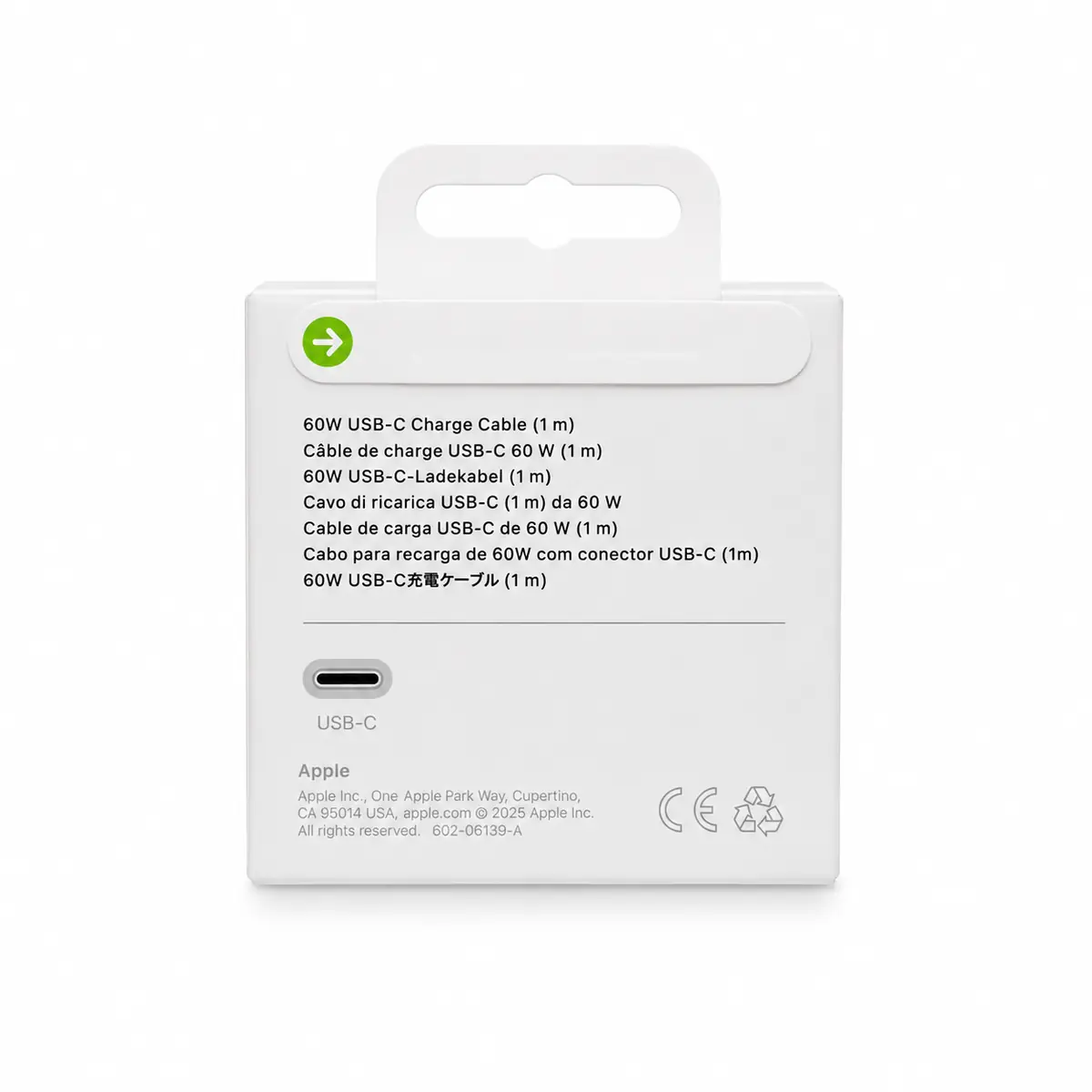Apple USB-C 60W Ladekabel Verpackung Rückseite mit Produktangaben und USB-C Symbol