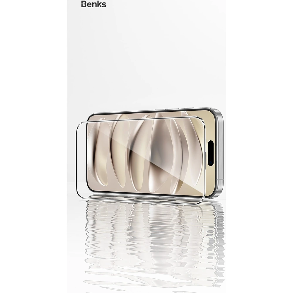 Benks GlassWarrior iPhone 16 Pro – Schutzglas neben dem Smartphone