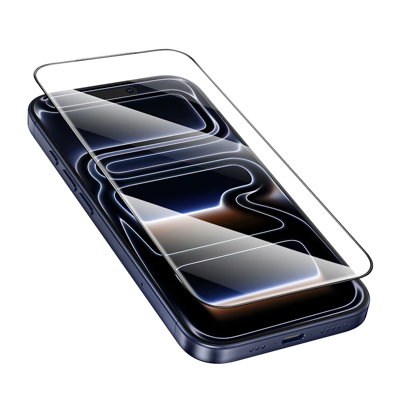 Borofone BF6 Panzerglas schräg über dem Display eines iPhone 17 Pro Max