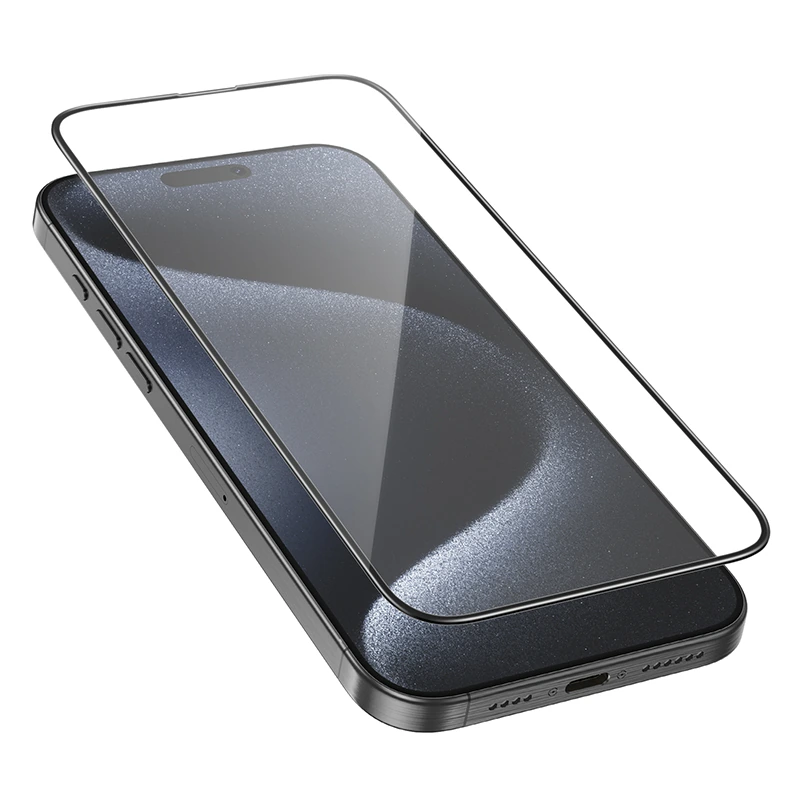Borofone BF8 5D Large Arc Panzerglas über dem Display eines iPhone 17 Pro