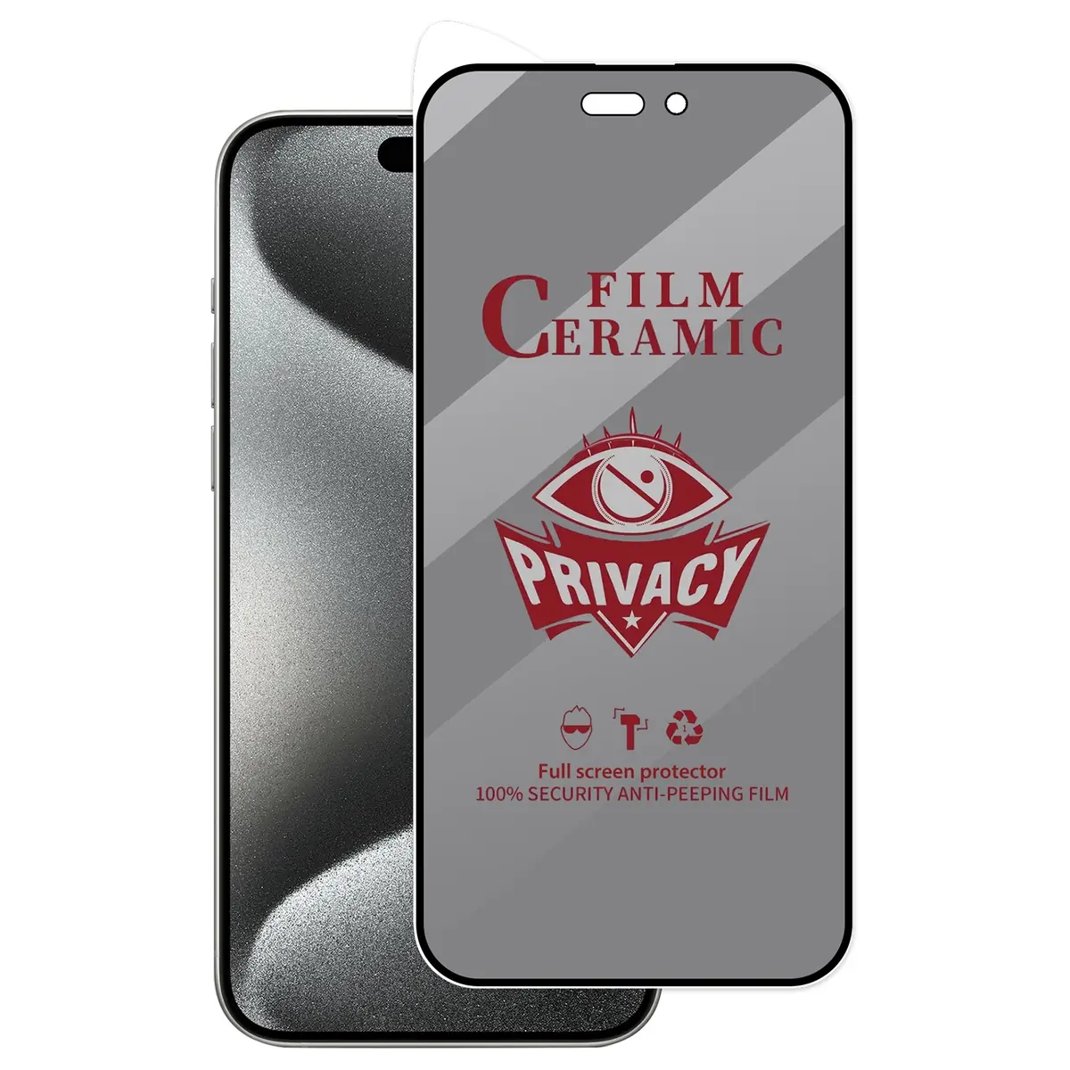 Klare HD-Blickschutzfolie für iPhone 15 Pro neben dem Gerät