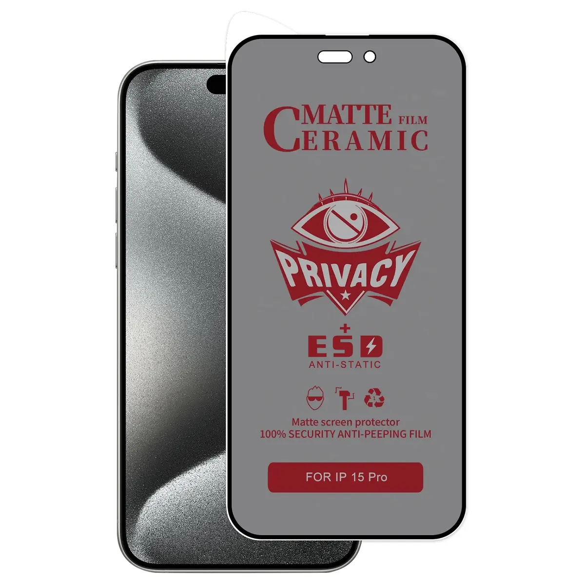 Blickschutz-Keramikfolie für iPhone 15 Pro neben dem Gerät