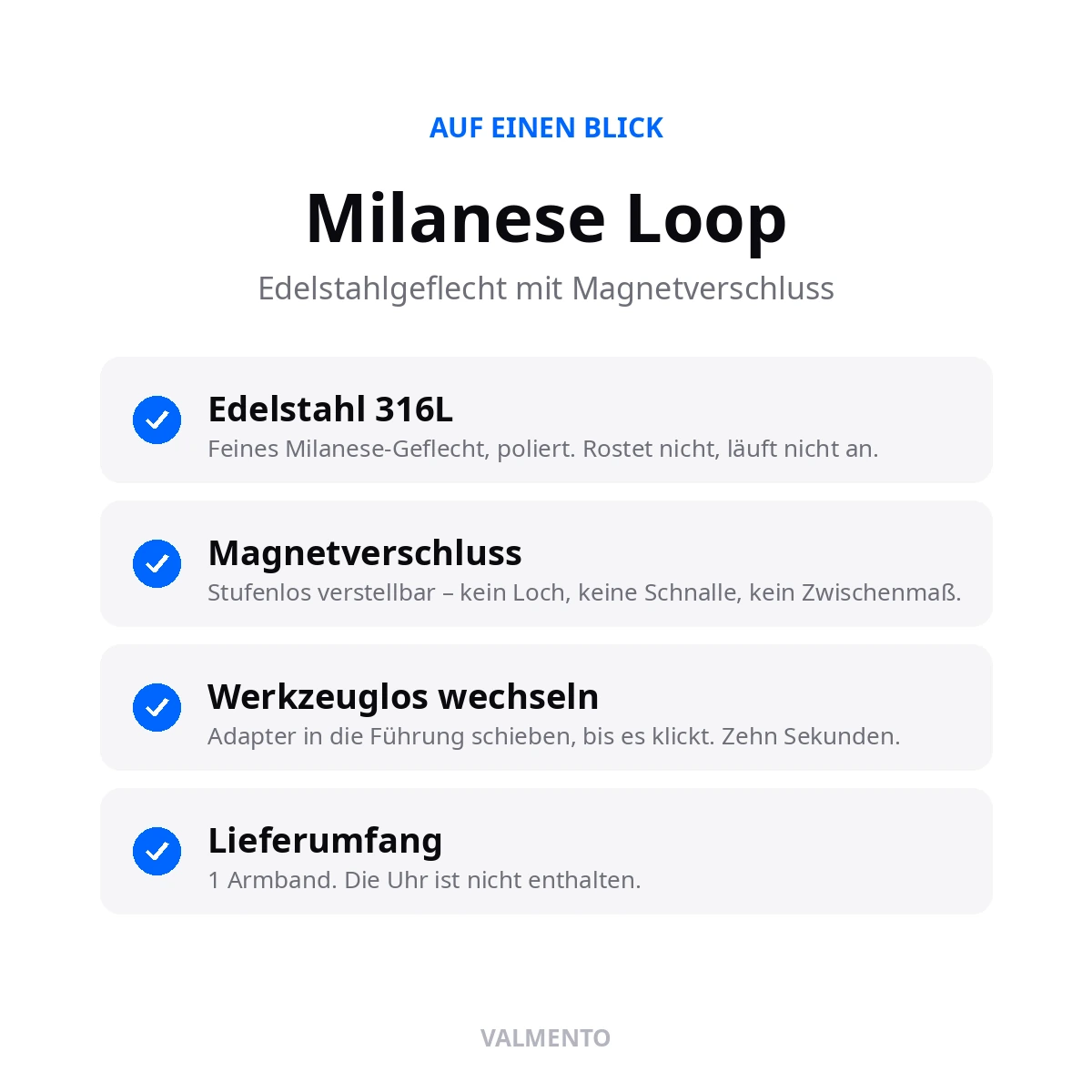 Merkmale: Edelstahl 316L, Magnetverschluss, werkzeugloser Wechsel, Lieferumfang ein Armband