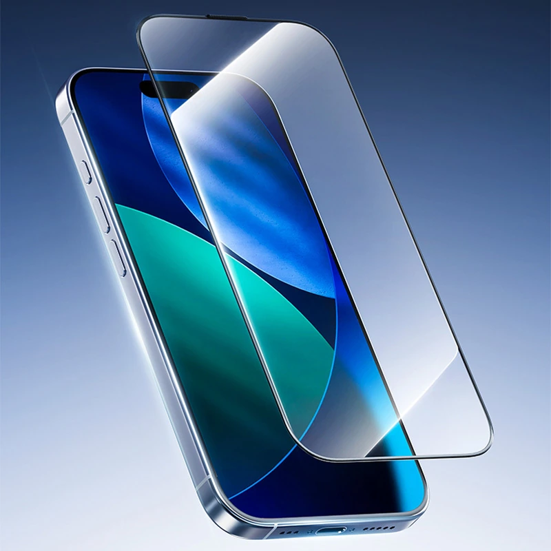 Schutzglas fürs iPhone 17 Pro Max in Schrägansicht über dem Display
