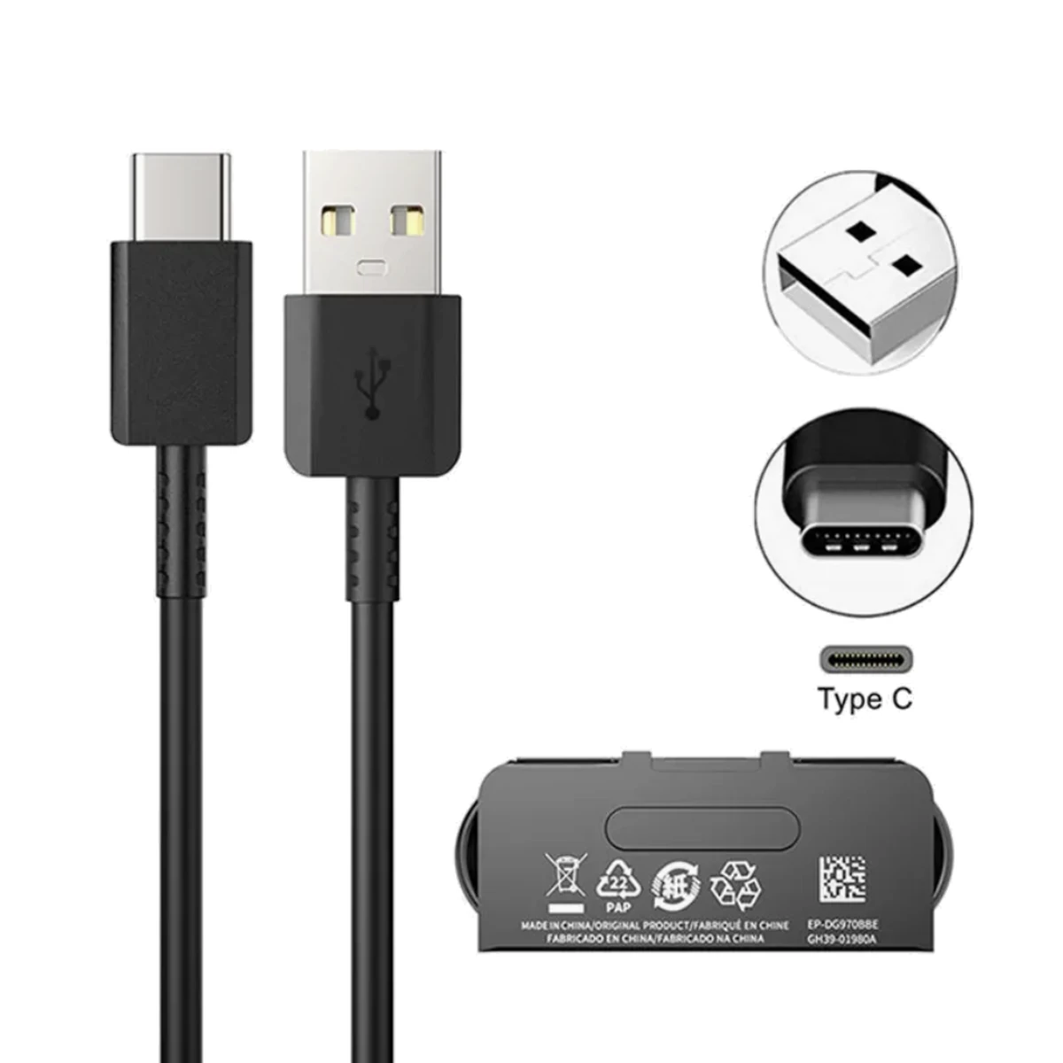 Samsung Datenkabel EP-DG970 USB-A auf USB-C 1 m in Schwarz mit Artikelnummer EP-DG970BBE auf dem Kabelclip