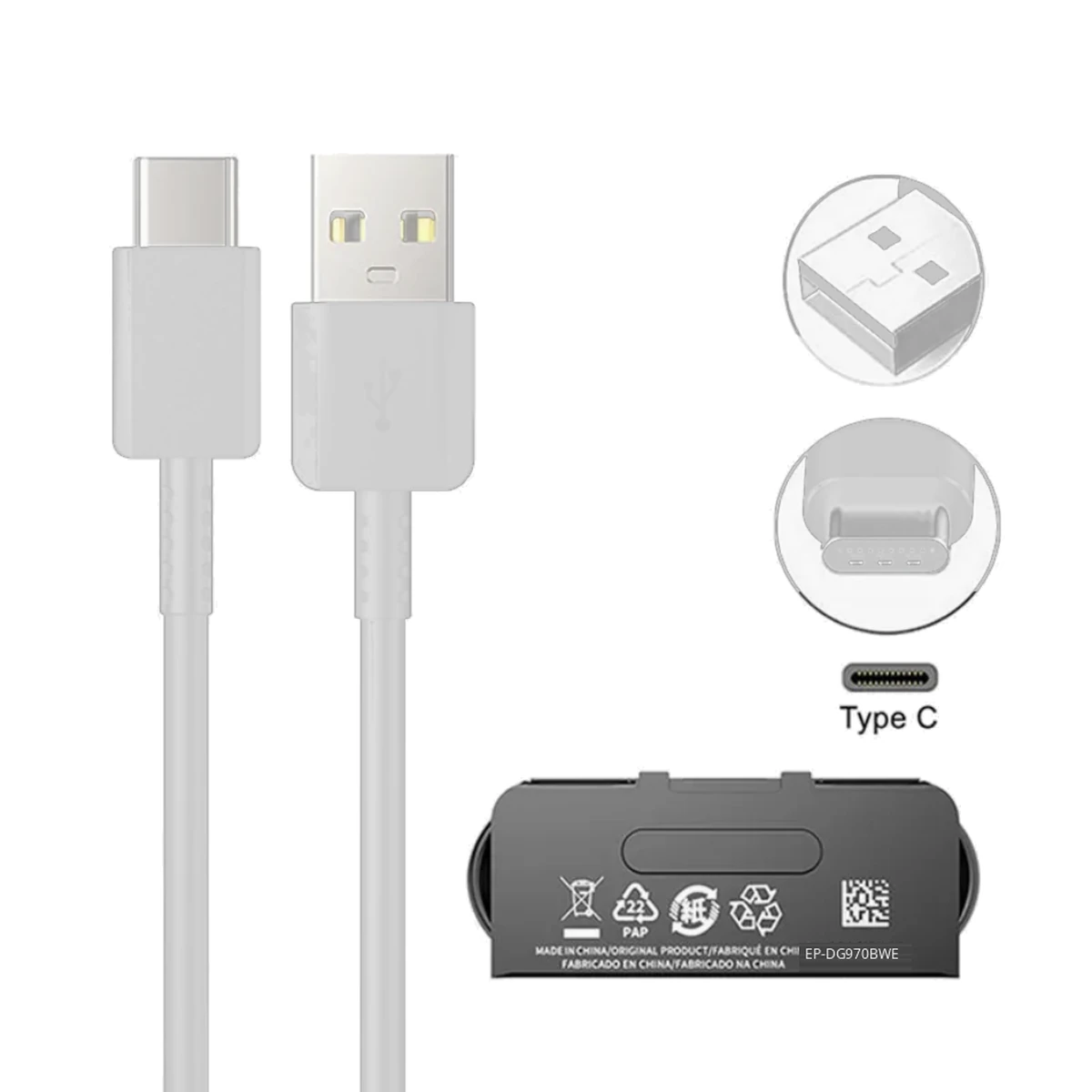 Samsung Datenkabel EP-DG970 USB-A auf USB-C 1 m in Weiß mit Detailansicht beider Stecker