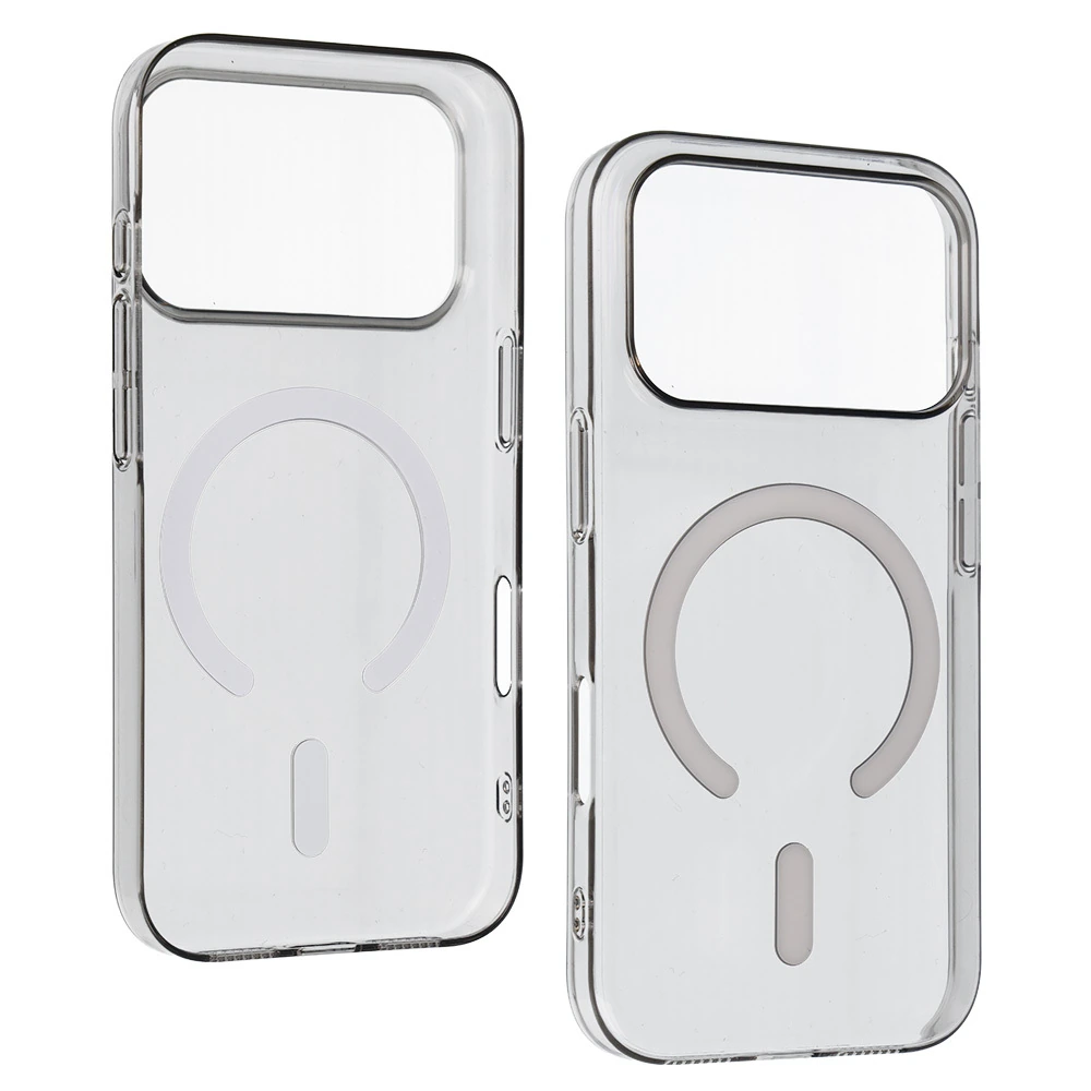 Zwei transparente MagSafe-Hüllen zeigen Vorder- und Rückseite